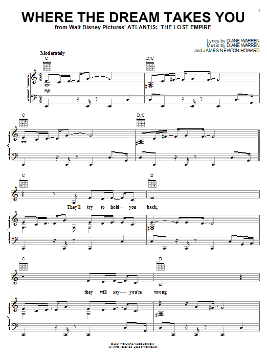 Preview Mya Where The Dream Takes You (from Atlantis: The Lost Empire) Film and TV sheet music, notes and chords for Piano, Vocal & Guitar (Right-Hand Melody), SKU: 18021 sheet music, piano notes, chords, guitar tabs, score, transpose, transcribe, how to play, guide, download, learn, tutorial, progression, song, artist, awards, billboard, mtv, vh1, tour, single, album, release