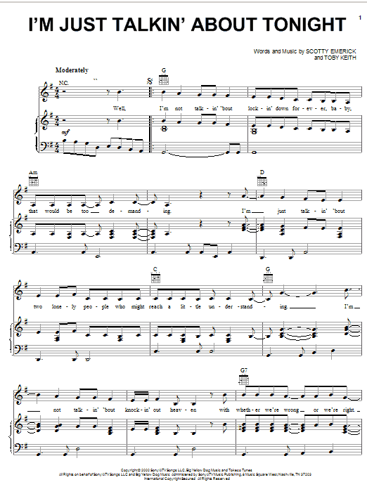 Preview Toby Keith I'm Just Talkin' About Tonight Pop sheet music, notes and chords for Piano, Vocal & Guitar (Right-Hand Melody), SKU: 18051 sheet music, piano notes, chords, guitar tabs, score, transpose, transcribe, how to play, guide, download, learn, tutorial, progression, song, artist, awards, billboard, mtv, vh1, tour, single, album, release