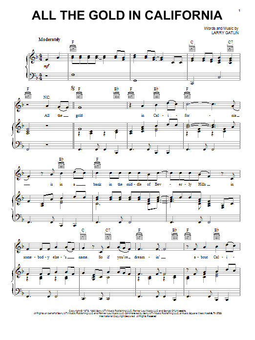 Preview The Gatlin Brothers All The Gold In California Country sheet music, notes and chords for Piano, Vocal & Guitar (Right-Hand Melody), SKU: 18062 sheet music, piano notes, chords, guitar tabs, score, transpose, transcribe, how to play, guide, download, learn, tutorial, progression, song, artist, awards, billboard, mtv, vh1, tour, single, album, release