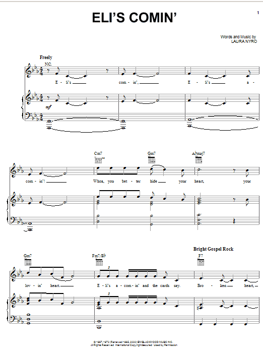 Preview Three Dog Night Eli's Comin' Pop sheet music, notes and chords for Piano, Vocal & Guitar (Right-Hand Melody), SKU: 18074 sheet music, piano notes, chords, guitar tabs, score, transpose, transcribe, how to play, guide, download, learn, tutorial, progression, song, artist, awards, billboard, mtv, vh1, tour, single, album, release