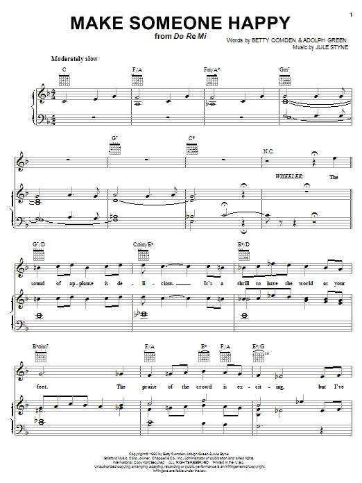 Preview Tony Bennett Make Someone Happy Pop sheet music, notes and chords for Piano, Vocal & Guitar (Right-Hand Melody), SKU: 18103 sheet music, piano notes, chords, guitar tabs, score, transpose, transcribe, how to play, guide, download, learn, tutorial, progression, song, artist, awards, billboard, mtv, vh1, tour, single, album, release