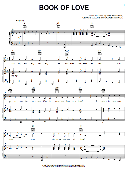 Preview The Monotones Book Of Love Rock sheet music, notes and chords for Piano, Vocal & Guitar (Right-Hand Melody), SKU: 18127 sheet music, piano notes, chords, guitar tabs, score, transpose, transcribe, how to play, guide, download, learn, tutorial, progression, song, artist, awards, billboard, mtv, vh1, tour, single, album, release