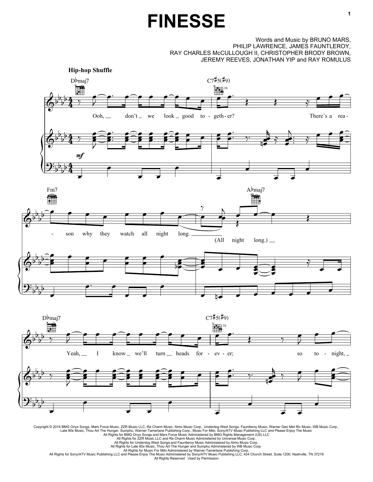 Preview Bruno Mars ft. Cardi B. Finesse Rock sheet music, notes and chords for Piano, Vocal & Guitar (Right-Hand Melody), SKU: 181528 sheet music, piano notes, chords, guitar tabs, score, transpose, transcribe, how to play, guide, download, learn, tutorial, progression, song, artist, awards, billboard, mtv, vh1, tour, single, album, release
