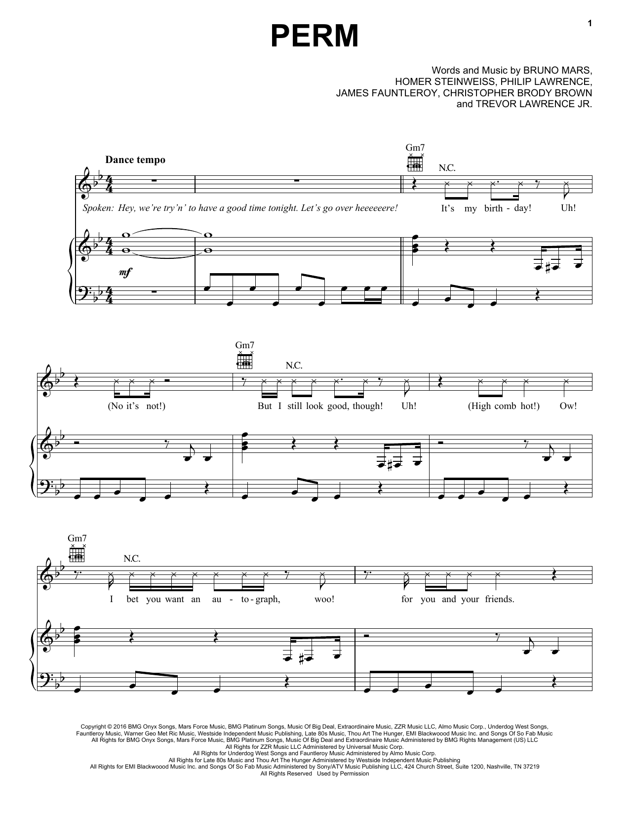 Preview Bruno Mars Perm Rock sheet music, notes and chords for Piano, Vocal & Guitar (Right-Hand Melody), SKU: 181530 sheet music, piano notes, chords, guitar tabs, score, transpose, transcribe, how to play, guide, download, learn, tutorial, progression, song, artist, awards, billboard, mtv, vh1, tour, single, album, release