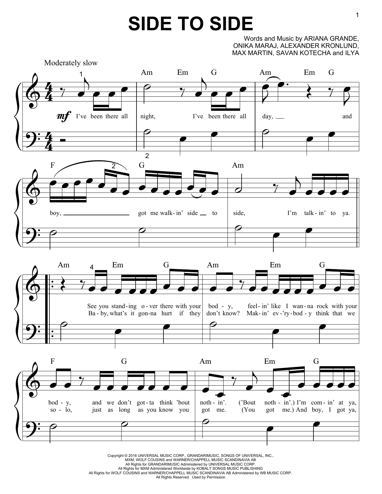 Preview Ariana Grande Side To Side (feat. Nicki Minaj) Rock sheet music, notes and chords for Piano (Big Notes), SKU: 181534 sheet music, piano notes, chords, guitar tabs, score, transpose, transcribe, how to play, guide, download, learn, tutorial, progression, song, artist, awards, billboard, mtv, vh1, tour, single, album, release