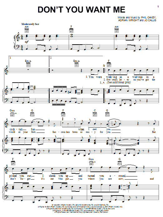 Preview The Human League Don't You Want Me Rock sheet music, notes and chords for Piano, Vocal & Guitar (Right-Hand Melody), SKU: 18156 sheet music, piano notes, chords, guitar tabs, score, transpose, transcribe, how to play, guide, download, learn, tutorial, progression, song, artist, awards, billboard, mtv, vh1, tour, single, album, release