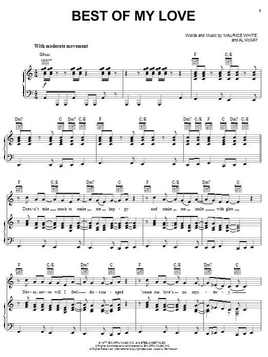 Preview The Emotions Best Of My Love Pop sheet music, notes and chords for Piano, Vocal & Guitar (Right-Hand Melody), SKU: 18200 sheet music, piano notes, chords, guitar tabs, score, transpose, transcribe, how to play, guide, download, learn, tutorial, progression, song, artist, awards, billboard, mtv, vh1, tour, single, album, release