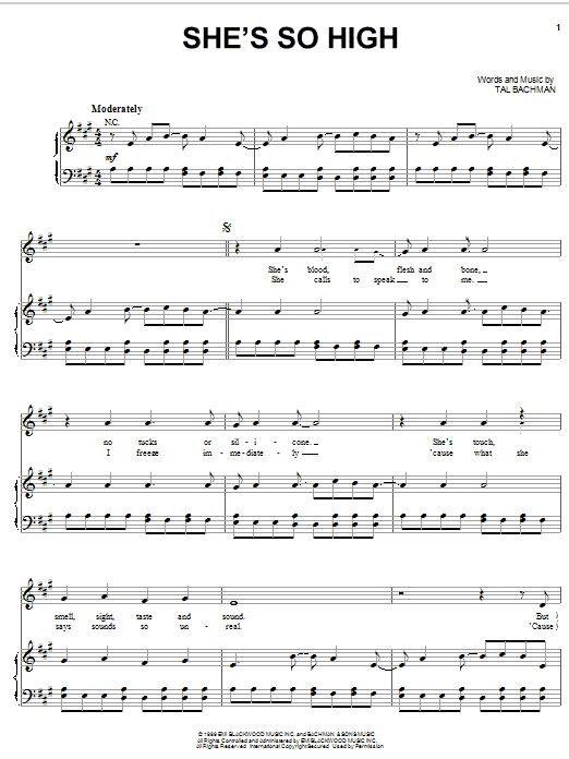 Preview Tal Bachman She's So High Rock sheet music, notes and chords for Piano, Vocal & Guitar (Right-Hand Melody), SKU: 18221 sheet music, piano notes, chords, guitar tabs, score, transpose, transcribe, how to play, guide, download, learn, tutorial, progression, song, artist, awards, billboard, mtv, vh1, tour, single, album, release