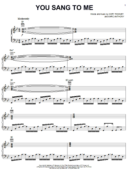Preview Marc Anthony You Sang To Me Pop sheet music, notes and chords for Piano, Vocal & Guitar (Right-Hand Melody), SKU: 18222 sheet music, piano notes, chords, guitar tabs, score, transpose, transcribe, how to play, guide, download, learn, tutorial, progression, song, artist, awards, billboard, mtv, vh1, tour, single, album, release