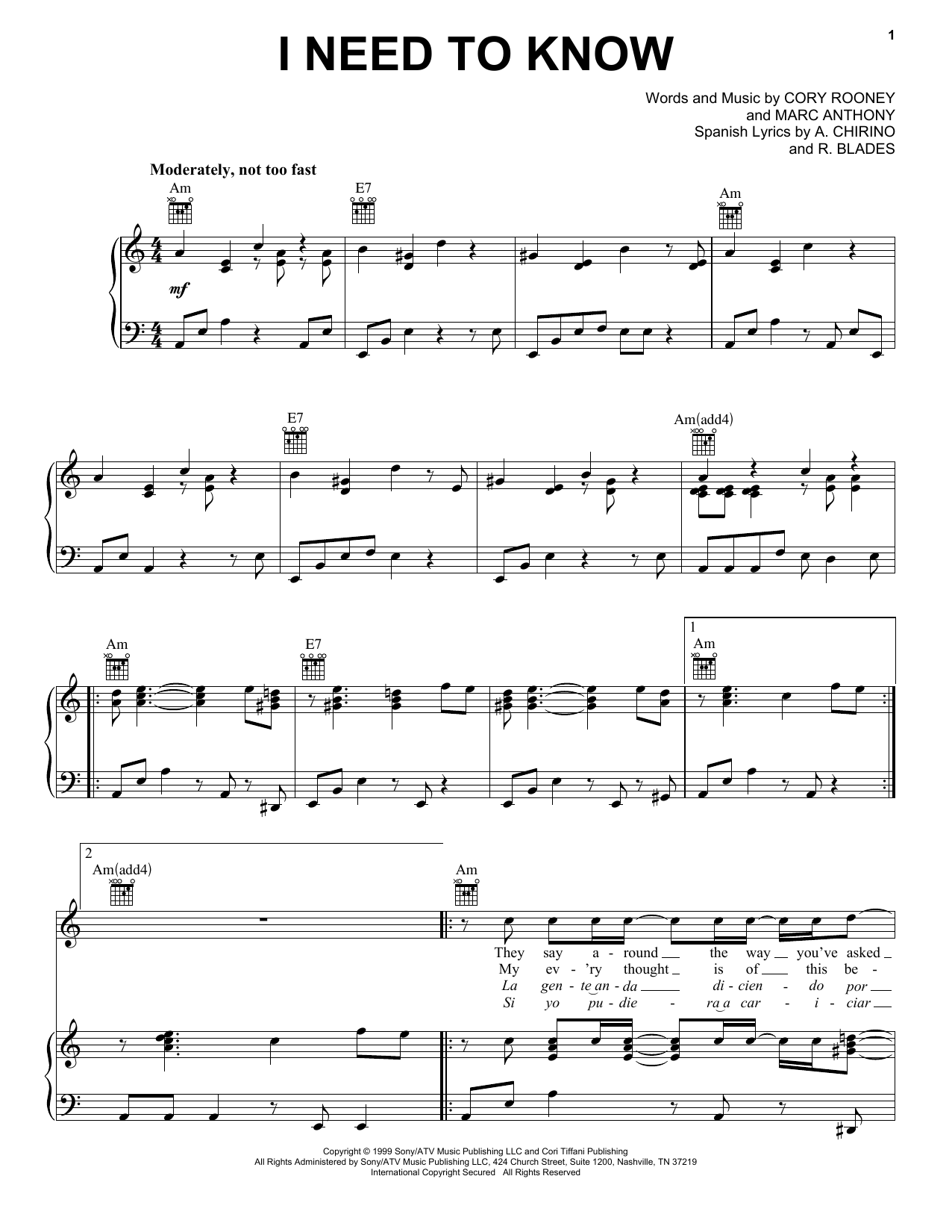 Preview Marc Anthony I Need To Know Pop sheet music, notes and chords for Piano, Vocal & Guitar (Right-Hand Melody), SKU: 18223 sheet music, piano notes, chords, guitar tabs, score, transpose, transcribe, how to play, guide, download, learn, tutorial, progression, song, artist, awards, billboard, mtv, vh1, tour, single, album, release