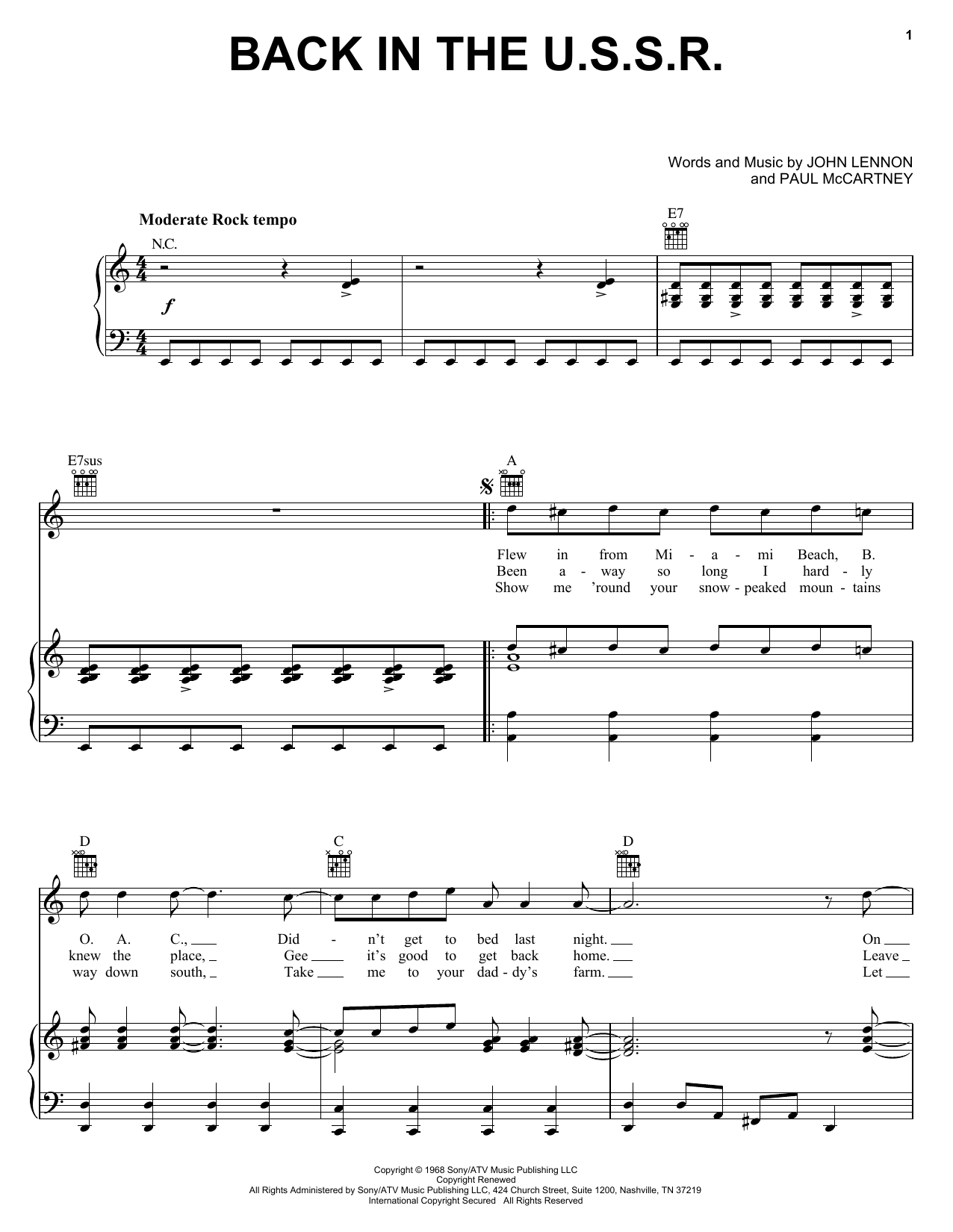 Preview The Beatles Back In The U.S.S.R. Rock sheet music, notes and chords for Piano, Vocal & Guitar (Right-Hand Melody), SKU: 18239 sheet music, piano notes, chords, guitar tabs, score, transpose, transcribe, how to play, guide, download, learn, tutorial, progression, song, artist, awards, billboard, mtv, vh1, tour, single, album, release