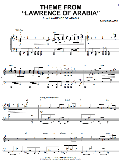 Preview Maurice Jarre Theme from Lawrence Of Arabia Film and TV sheet music, notes and chords for Piano, Vocal & Guitar (Right-Hand Melody), SKU: 18277 sheet music, piano notes, chords, guitar tabs, score, transpose, transcribe, how to play, guide, download, learn, tutorial, progression, song, artist, awards, billboard, mtv, vh1, tour, single, album, release