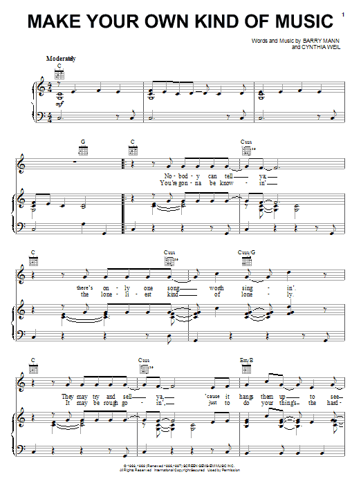 Preview Mama Cass Elliot Make Your Own Kind Of Music Rock sheet music, notes and chords for Piano, Vocal & Guitar (Right-Hand Melody), SKU: 18286 sheet music, piano notes, chords, guitar tabs, score, transpose, transcribe, how to play, guide, download, learn, tutorial, progression, song, artist, awards, billboard, mtv, vh1, tour, single, album, release
