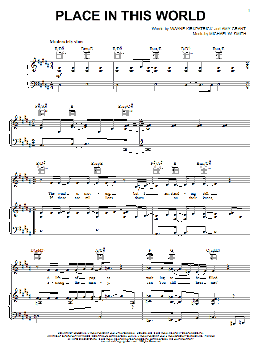 Preview Michael W. Smith Place In This World Pop sheet music, notes and chords for Piano, Vocal & Guitar (Right-Hand Melody), SKU: 18308 sheet music, piano notes, chords, guitar tabs, score, transpose, transcribe, how to play, guide, download, learn, tutorial, progression, song, artist, awards, billboard, mtv, vh1, tour, single, album, release