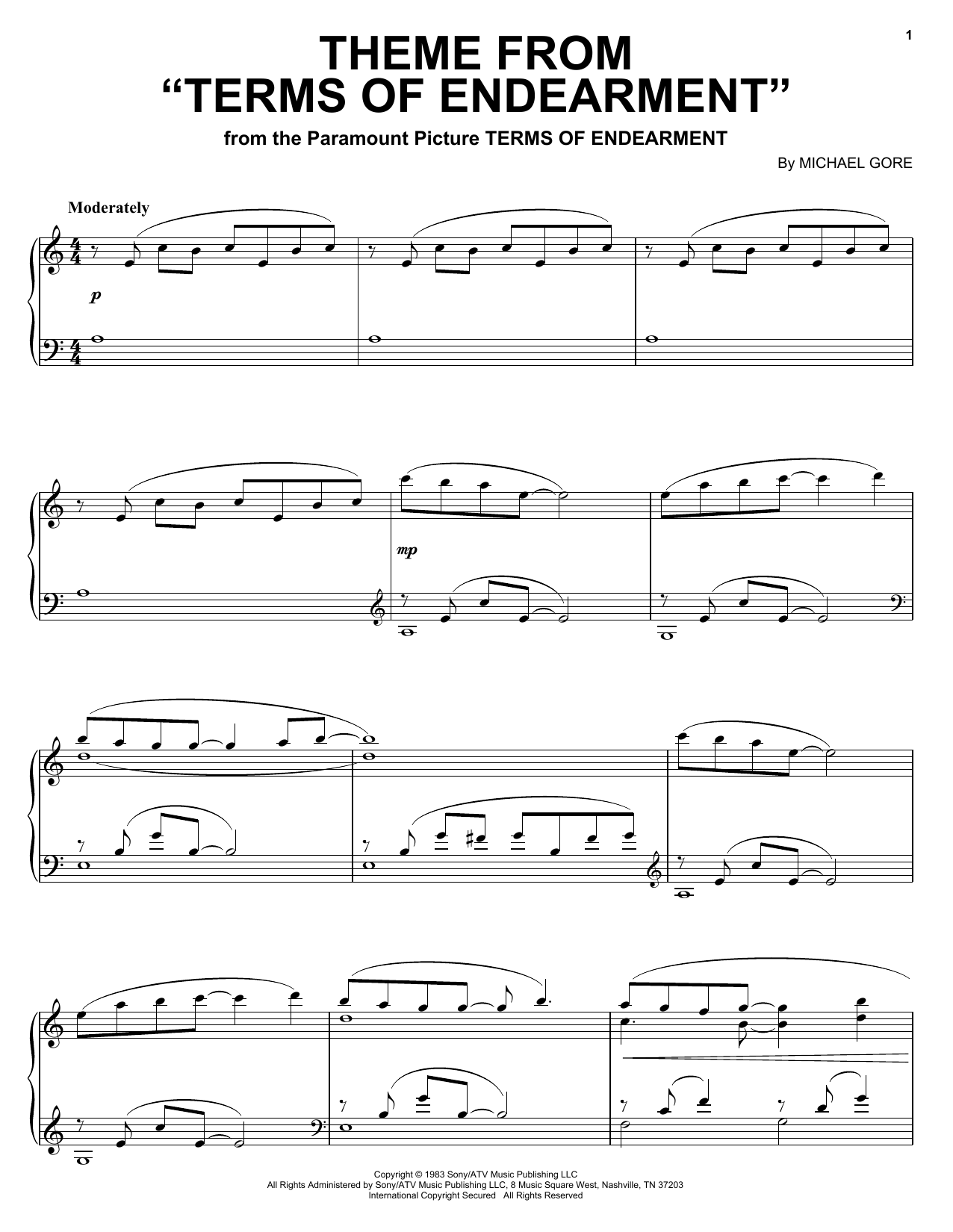 Preview Michael Gore Theme from Terms Of Endearment Film and TV sheet music, notes and chords for Piano, SKU: 18332 sheet music, piano notes, chords, guitar tabs, score, transpose, transcribe, how to play, guide, download, learn, tutorial, progression, song, artist, awards, billboard, mtv, vh1, tour, single, album, release