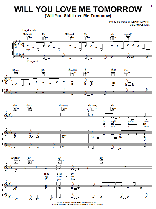 Preview The Shirelles Will You Love Me Tomorrow (Will You Still Love Me Tomorrow) Rock sheet music, notes and chords for Piano, Vocal & Guitar (Right-Hand Melody), SKU: 18346 sheet music, piano notes, chords, guitar tabs, score, transpose, transcribe, how to play, guide, download, learn, tutorial, progression, song, artist, awards, billboard, mtv, vh1, tour, single, album, release