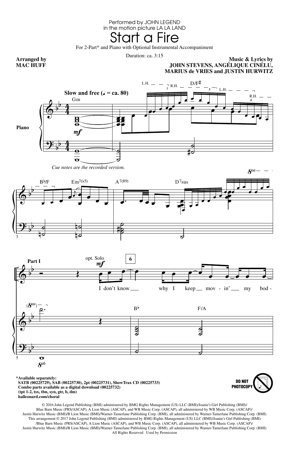 Preview John Legend Start A Fire (from La La Land) (arr. Mac Huff) Film and TV sheet music, notes and chords for 2-Part Choir, SKU: 183670 sheet music, piano notes, chords, guitar tabs, score, transpose, transcribe, how to play, guide, download, learn, tutorial, progression, song, artist, awards, billboard, mtv, vh1, tour, single, album, release