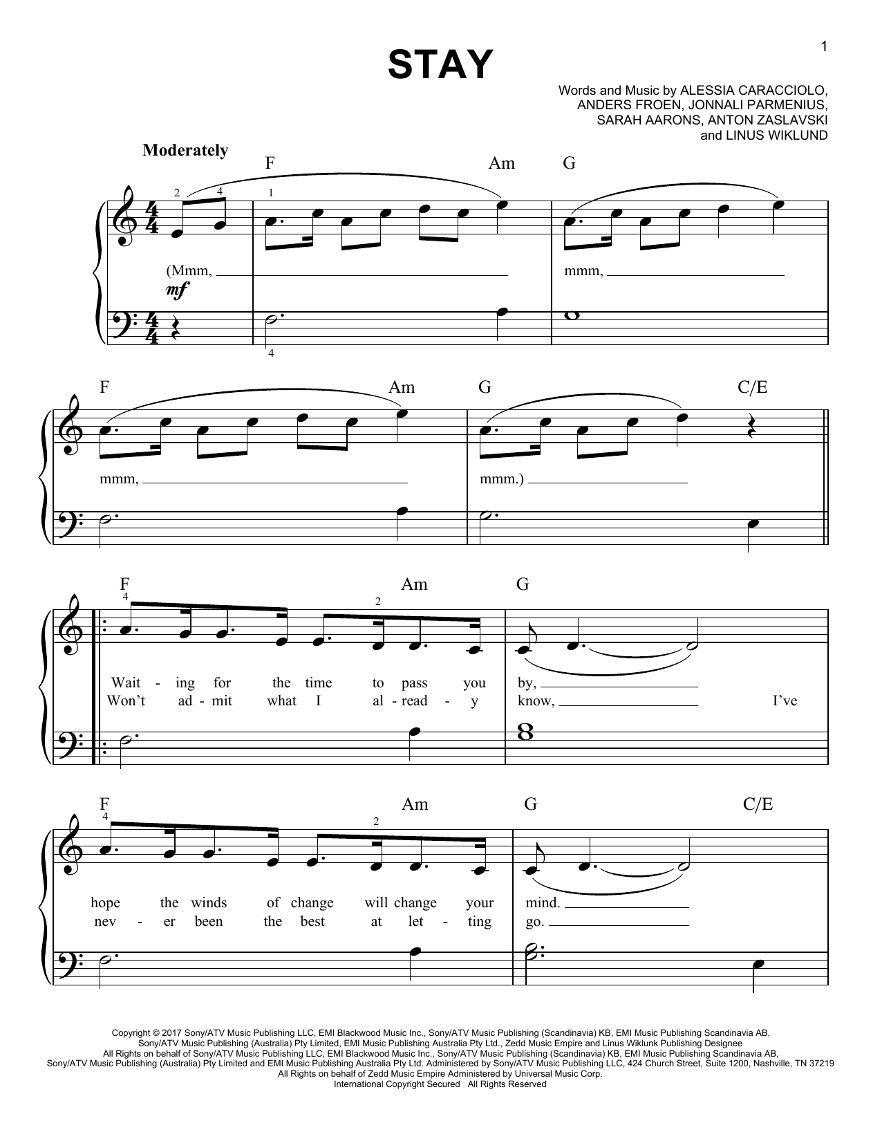Preview Zedd & Alessia Cara Stay Pop sheet music, notes and chords for Easy Piano, SKU: 183830 sheet music, piano notes, chords, guitar tabs, score, transpose, transcribe, how to play, guide, download, learn, tutorial, progression, song, artist, awards, billboard, mtv, vh1, tour, single, album, release