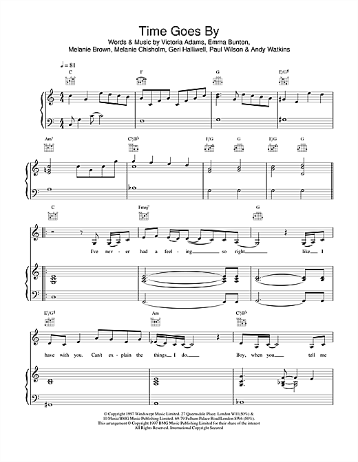 Preview The Spice Girls Time Goes By Pop sheet music, notes and chords for Piano, Vocal & Guitar, SKU: 18398 sheet music, piano notes, chords, guitar tabs, score, transpose, transcribe, how to play, guide, download, learn, tutorial, progression, song, artist, awards, billboard, mtv, vh1, tour, single, album, release