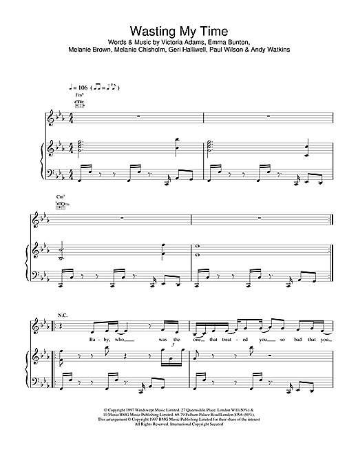 Preview The Spice Girls Wasting My Time Pop sheet music, notes and chords for Piano, Vocal & Guitar, SKU: 18399 sheet music, piano notes, chords, guitar tabs, score, transpose, transcribe, how to play, guide, download, learn, tutorial, progression, song, artist, awards, billboard, mtv, vh1, tour, single, album, release