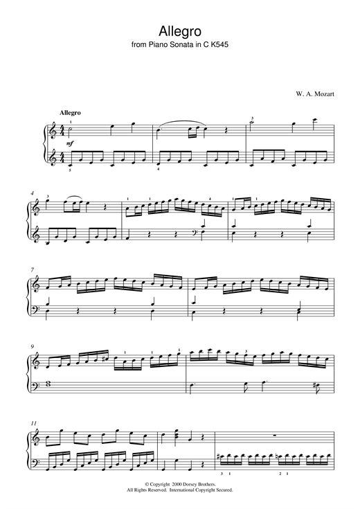 Preview Wolfgang Amadeus Mozart Allegro (from Piano Sonata In C K545) Classical sheet music, notes and chords for Piano, SKU: 18716 sheet music, piano notes, chords, guitar tabs, score, transpose, transcribe, how to play, guide, download, learn, tutorial, progression, song, artist, awards, billboard, mtv, vh1, tour, single, album, release