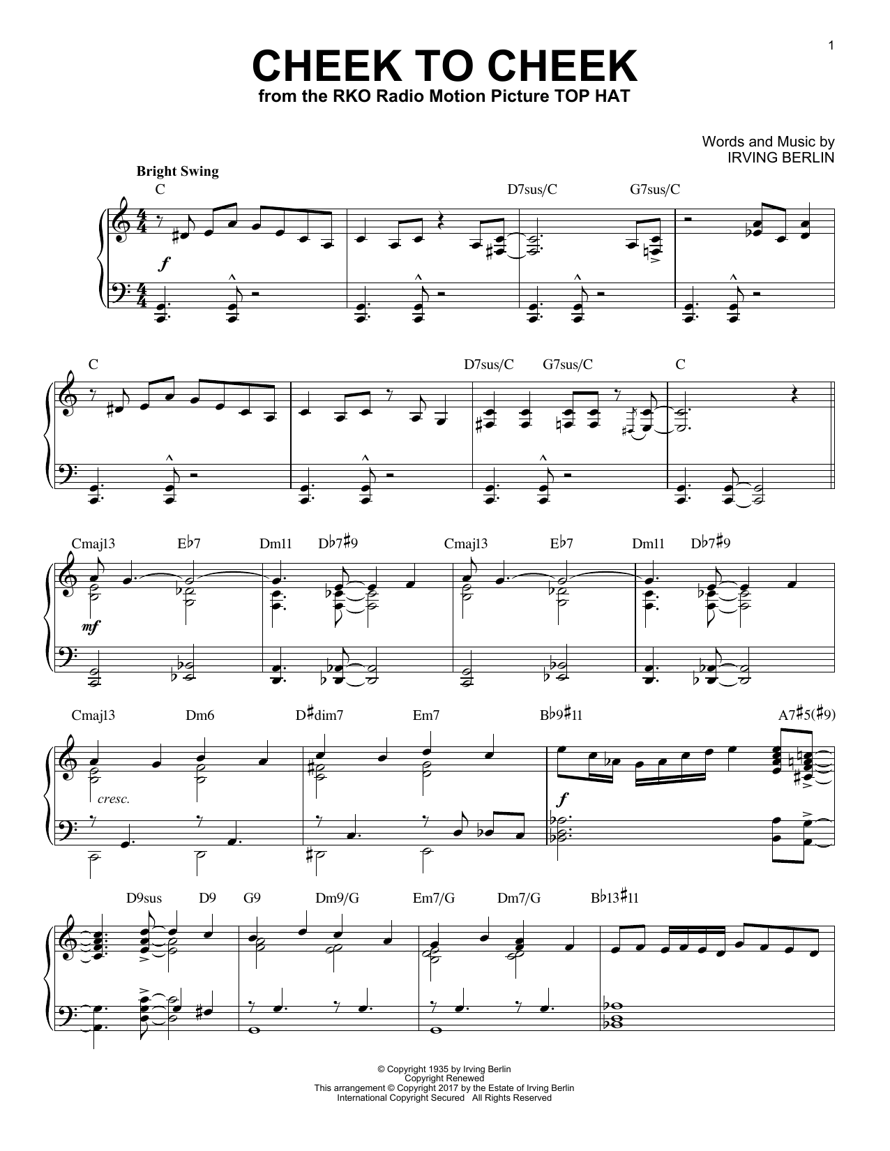 Preview Irving Berlin Cheek To Cheek Folk sheet music, notes and chords for Piano, SKU: 188555 sheet music, piano notes, chords, guitar tabs, score, transpose, transcribe, how to play, guide, download, learn, tutorial, progression, song, artist, awards, billboard, mtv, vh1, tour, single, album, release
