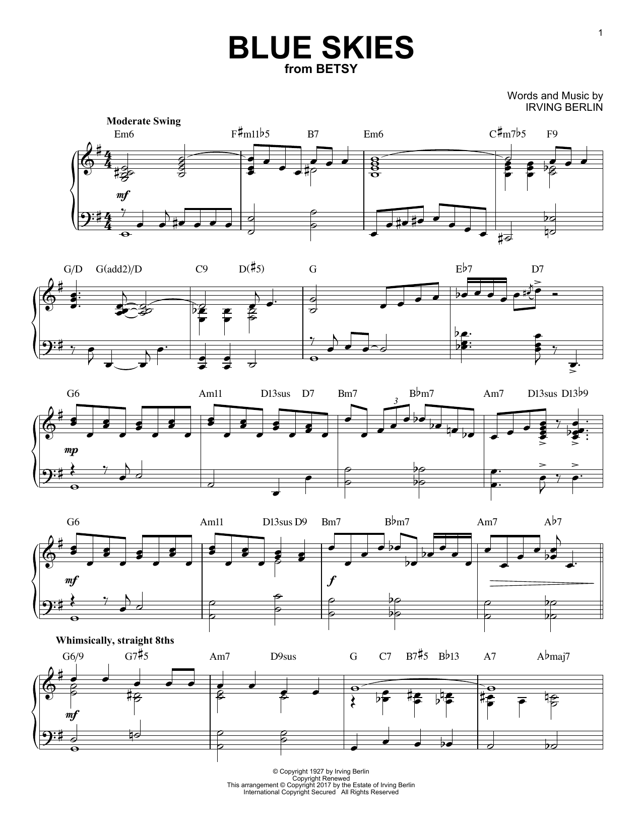 Preview Irving Berlin Blue Skies Jazz sheet music, notes and chords for Piano, SKU: 188557 sheet music, piano notes, chords, guitar tabs, score, transpose, transcribe, how to play, guide, download, learn, tutorial, progression, song, artist, awards, billboard, mtv, vh1, tour, single, album, release