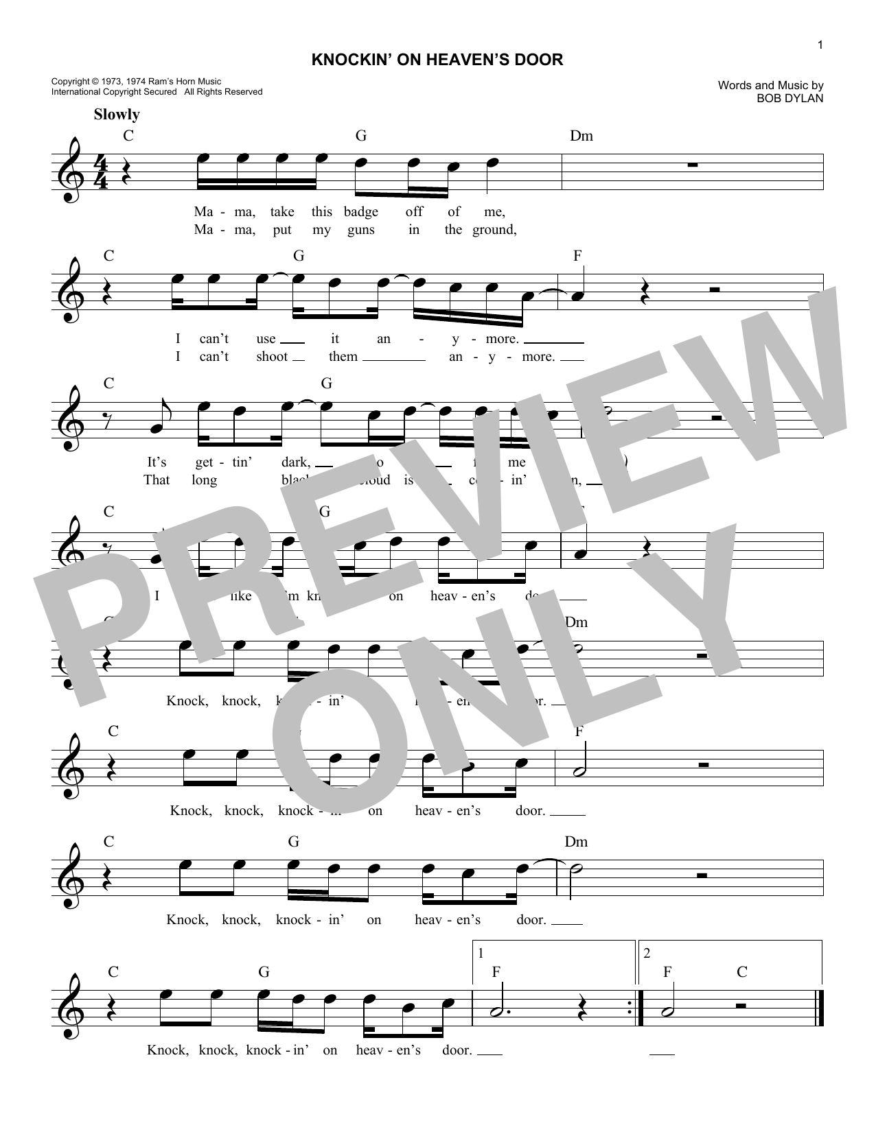 Knockin On Heaven S Door Sheet Music Notes Bob Dylan Chords