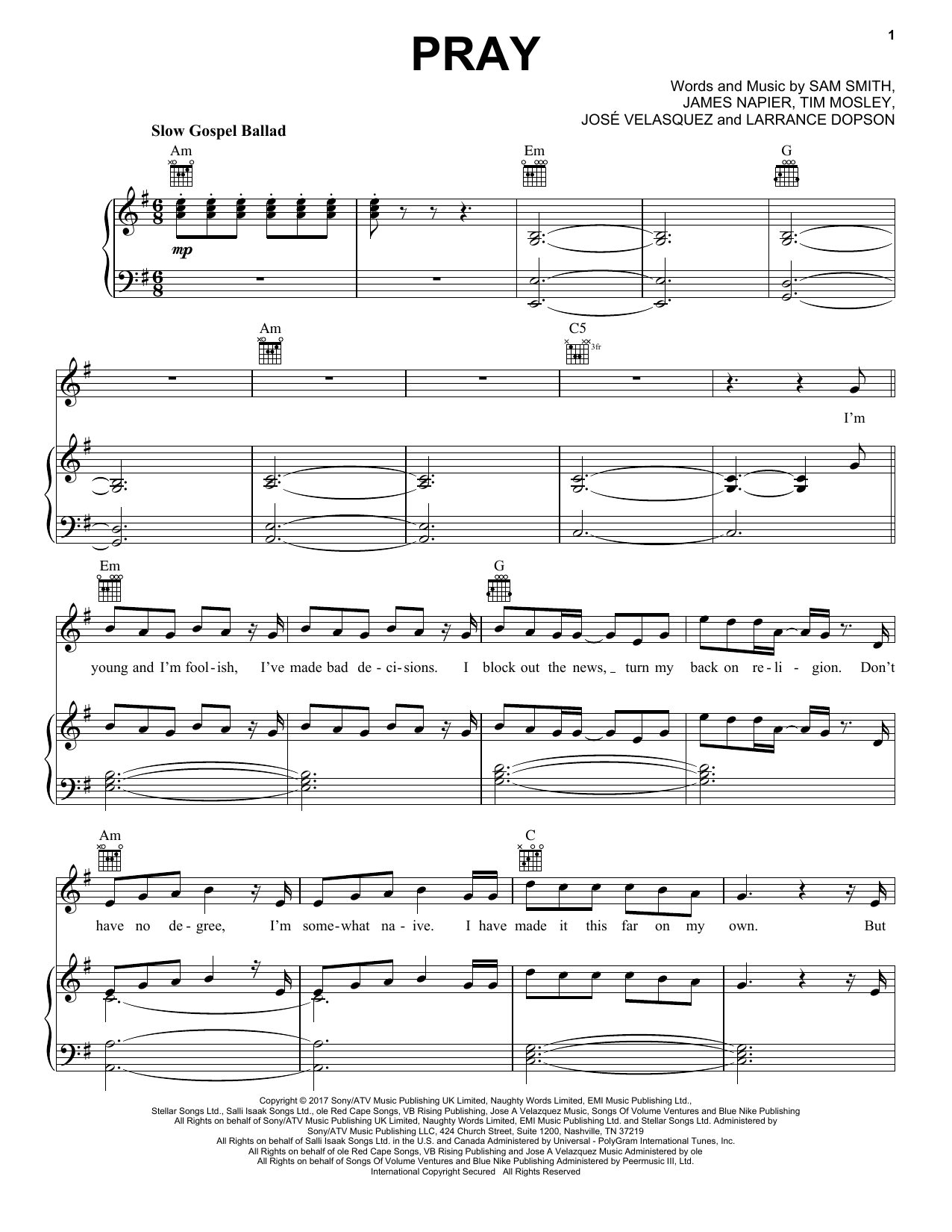 Preview Sam Smith Pray Pop sheet music, notes and chords for Piano, Vocal & Guitar (Right-Hand Melody), SKU: 191727 sheet music, piano notes, chords, guitar tabs, score, transpose, transcribe, how to play, guide, download, learn, tutorial, progression, song, artist, awards, billboard, mtv, vh1, tour, single, album, release