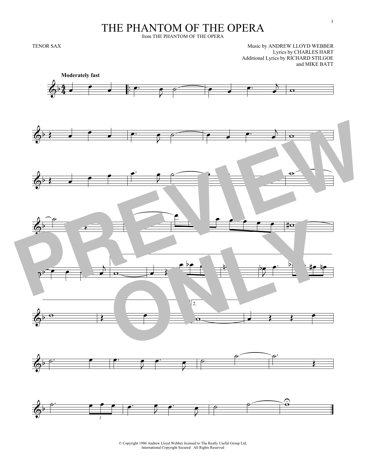 Preview Andrew Lloyd Webber The Phantom Of The Opera Broadway sheet music, notes and chords for Tenor Saxophone, SKU: 193482 sheet music, piano notes, chords, guitar tabs, score, transpose, transcribe, how to play, guide, download, learn, tutorial, progression, song, artist, awards, billboard, mtv, vh1, tour, single, album, release