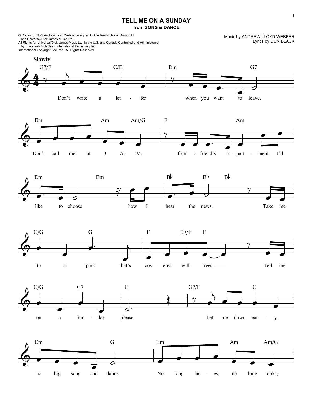 Preview Andrew Lloyd Webber Tell Me On A Sunday Broadway sheet music, notes and chords for Melody Line, Lyrics & Chords, SKU: 193648 sheet music, piano notes, chords, guitar tabs, score, transpose, transcribe, how to play, guide, download, learn, tutorial, progression, song, artist, awards, billboard, mtv, vh1, tour, single, album, release