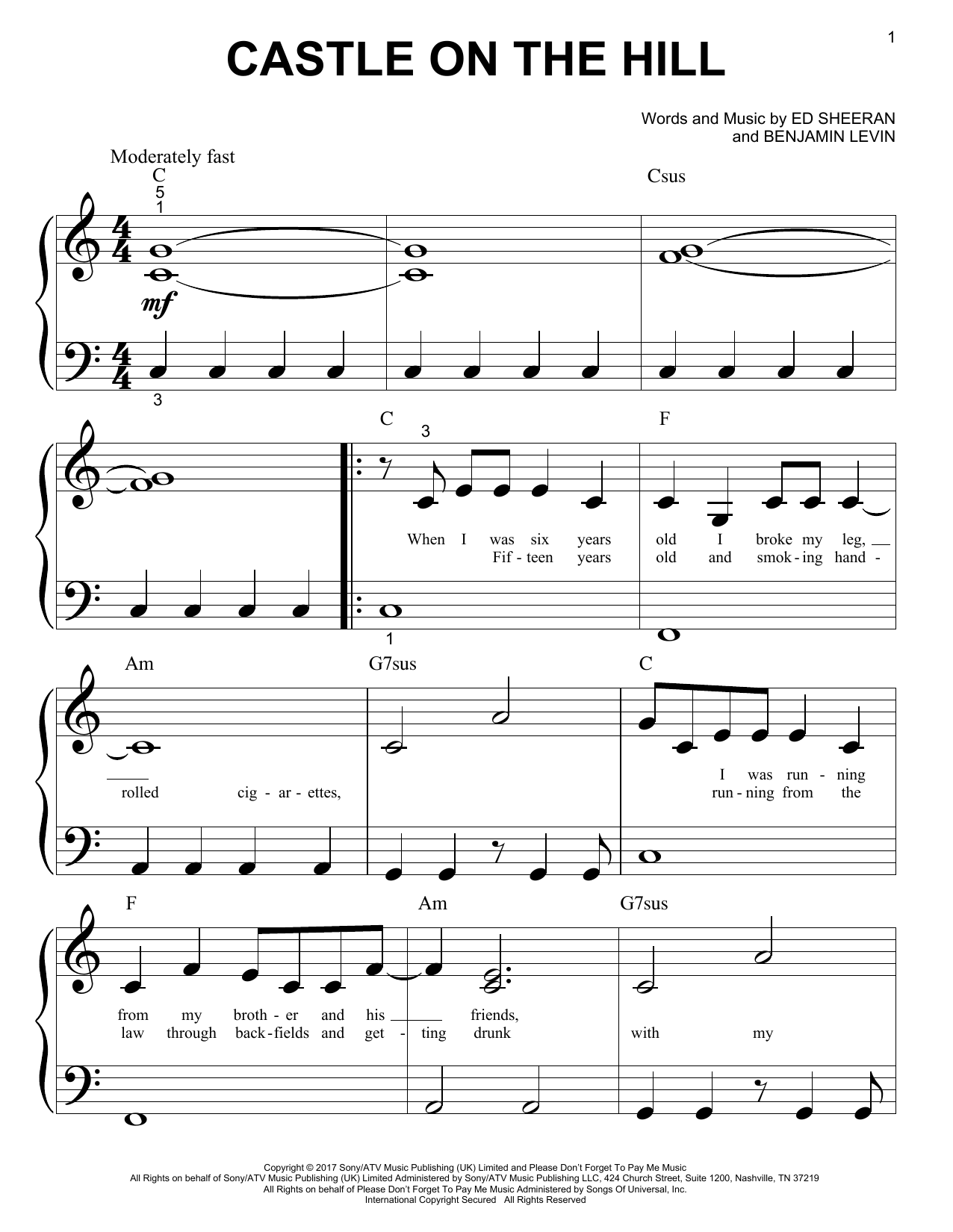 Preview Ed Sheeran Castle On The Hill Rock sheet music, notes and chords for Piano (Big Notes), SKU: 194624 sheet music, piano notes, chords, guitar tabs, score, transpose, transcribe, how to play, guide, download, learn, tutorial, progression, song, artist, awards, billboard, mtv, vh1, tour, single, album, release