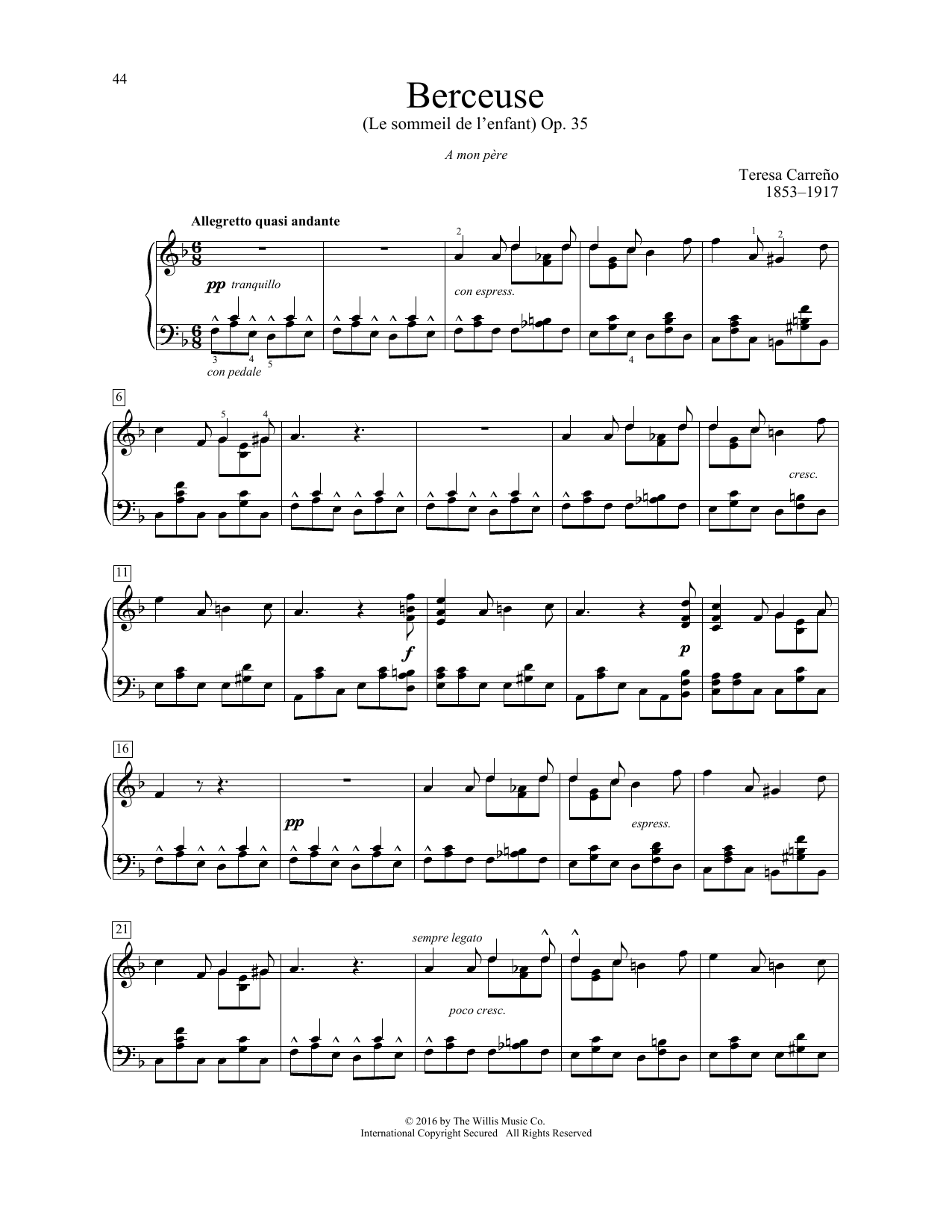 Preview Teresa Carreno Berceuse (Le sommeil de l'enfant), Op. 35 Classical sheet music, notes and chords for Educational Piano, SKU: 195419 sheet music, piano notes, chords, guitar tabs, score, transpose, transcribe, how to play, guide, download, learn, tutorial, progression, song, artist, awards, billboard, mtv, vh1, tour, single, album, release
