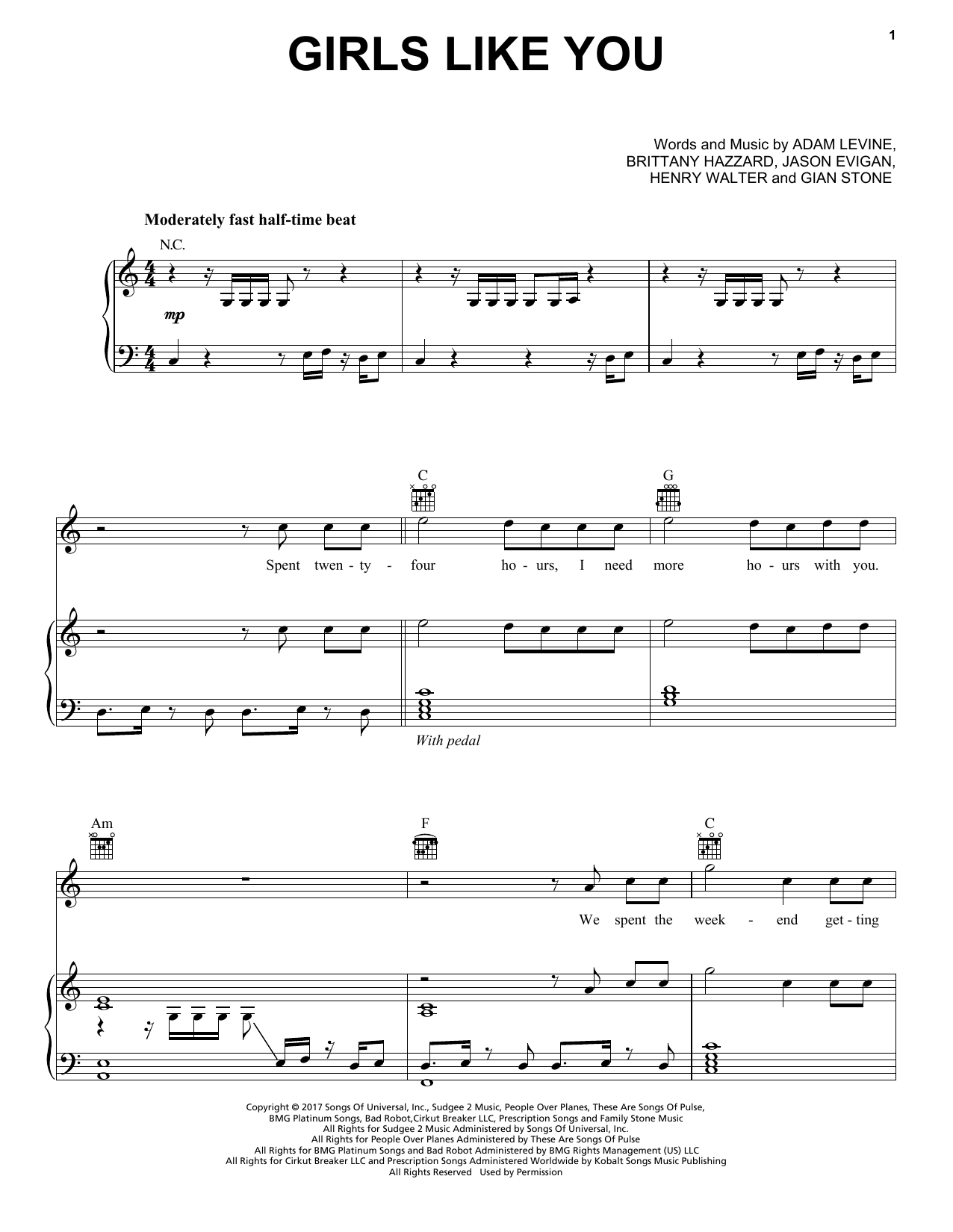 Preview Maroon 5 Girls Like You Pop sheet music, notes and chords for Piano, Vocal & Guitar (Right-Hand Melody), SKU: 196172 sheet music, piano notes, chords, guitar tabs, score, transpose, transcribe, how to play, guide, download, learn, tutorial, progression, song, artist, awards, billboard, mtv, vh1, tour, single, album, release