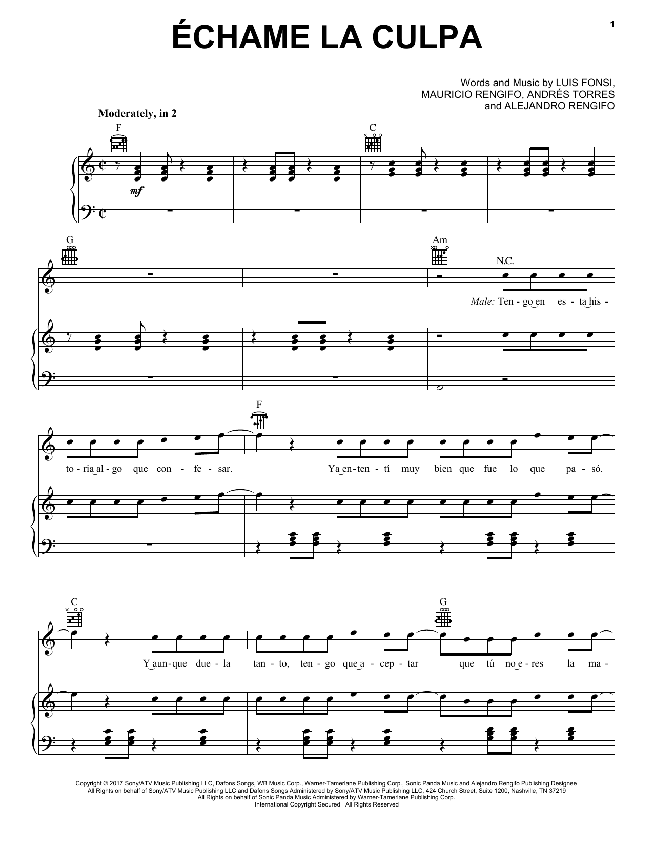 Preview Luis Fonsi and Demi Lovato Echame La Culpa Pop sheet music, notes and chords for Piano, Vocal & Guitar (Right-Hand Melody), SKU: 196493 sheet music, piano notes, chords, guitar tabs, score, transpose, transcribe, how to play, guide, download, learn, tutorial, progression, song, artist, awards, billboard, mtv, vh1, tour, single, album, release
