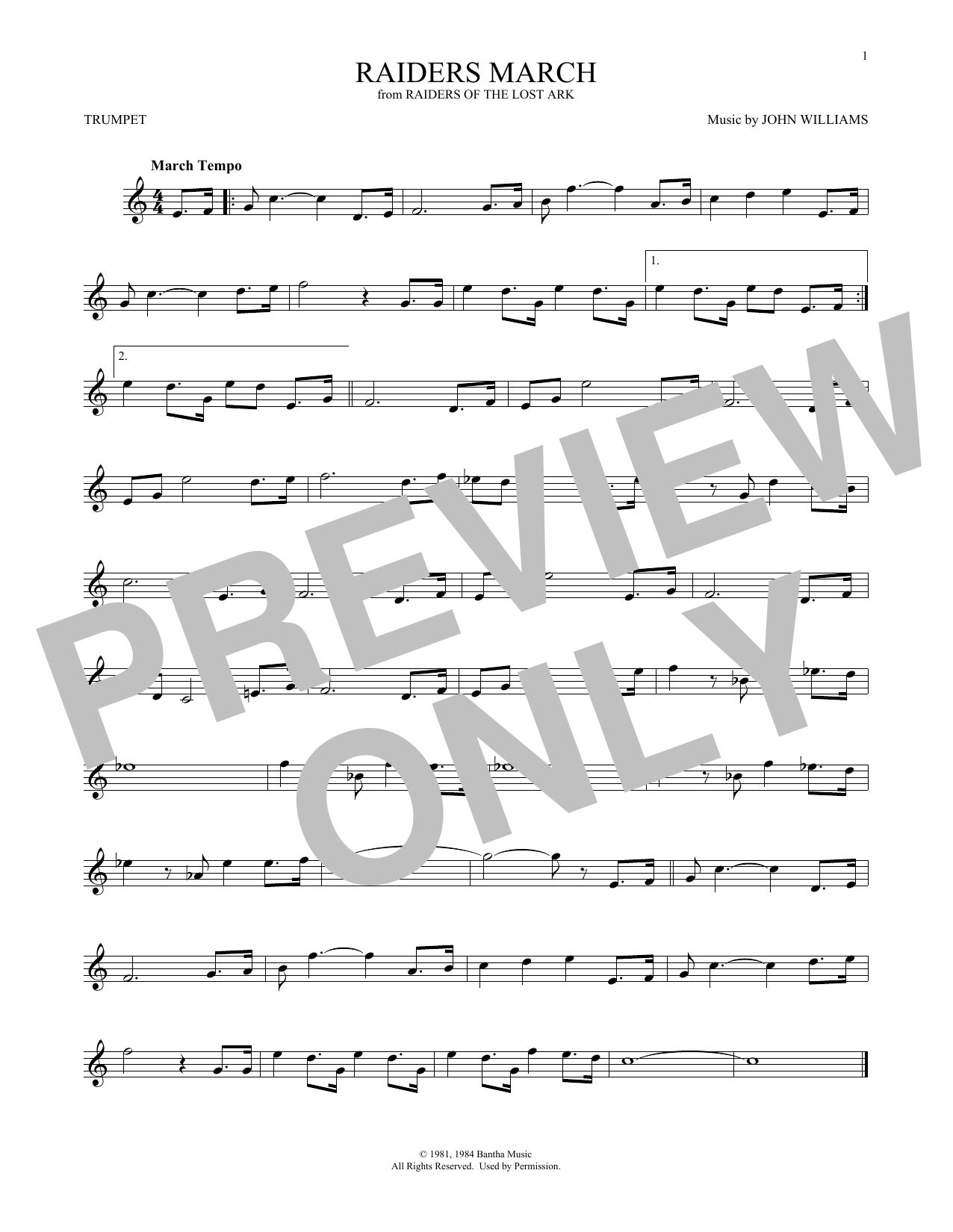 Preview John Williams Raiders March Classical sheet music, notes and chords for Trumpet, SKU: 196556 sheet music, piano notes, chords, guitar tabs, score, transpose, transcribe, how to play, guide, download, learn, tutorial, progression, song, artist, awards, billboard, mtv, vh1, tour, single, album, release