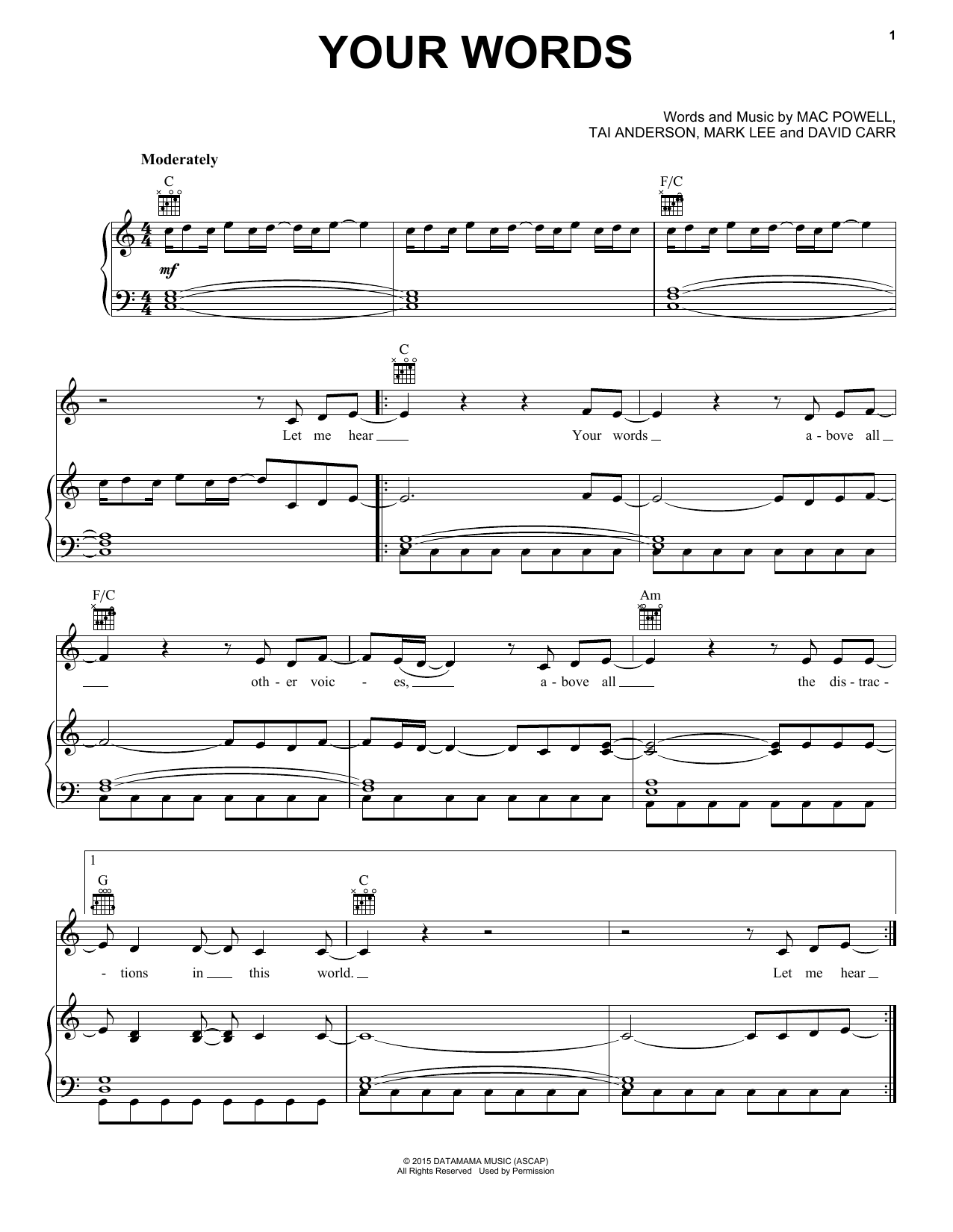 Preview Third Day Your Words Religious sheet music, notes and chords for Piano, Vocal & Guitar (Right-Hand Melody), SKU: 196567 sheet music, piano notes, chords, guitar tabs, score, transpose, transcribe, how to play, guide, download, learn, tutorial, progression, song, artist, awards, billboard, mtv, vh1, tour, single, album, release