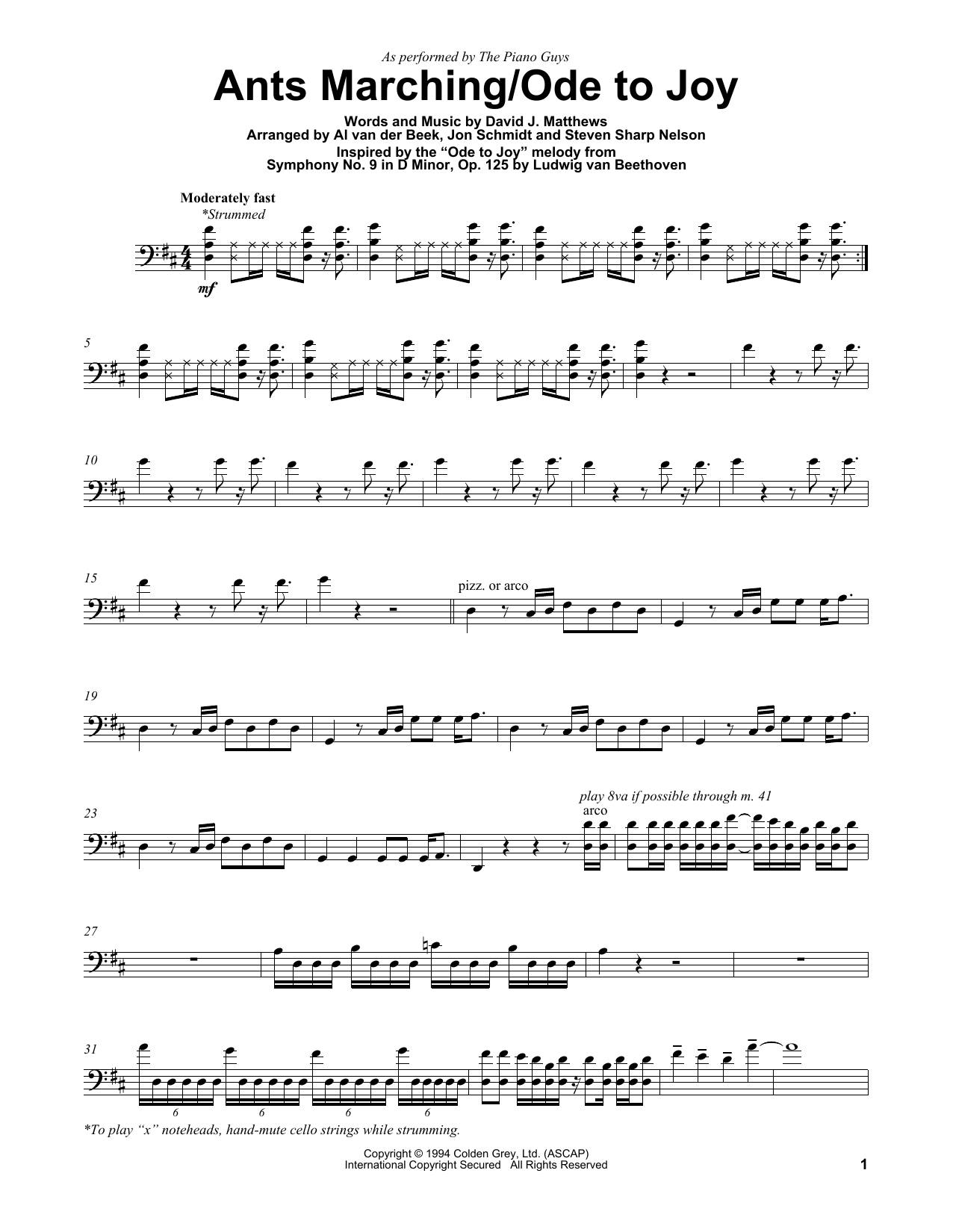 Preview The Piano Guys Ants Marching/Ode To Joy Classical sheet music, notes and chords for Cello, SKU: 196579 sheet music, piano notes, chords, guitar tabs, score, transpose, transcribe, how to play, guide, download, learn, tutorial, progression, song, artist, awards, billboard, mtv, vh1, tour, single, album, release