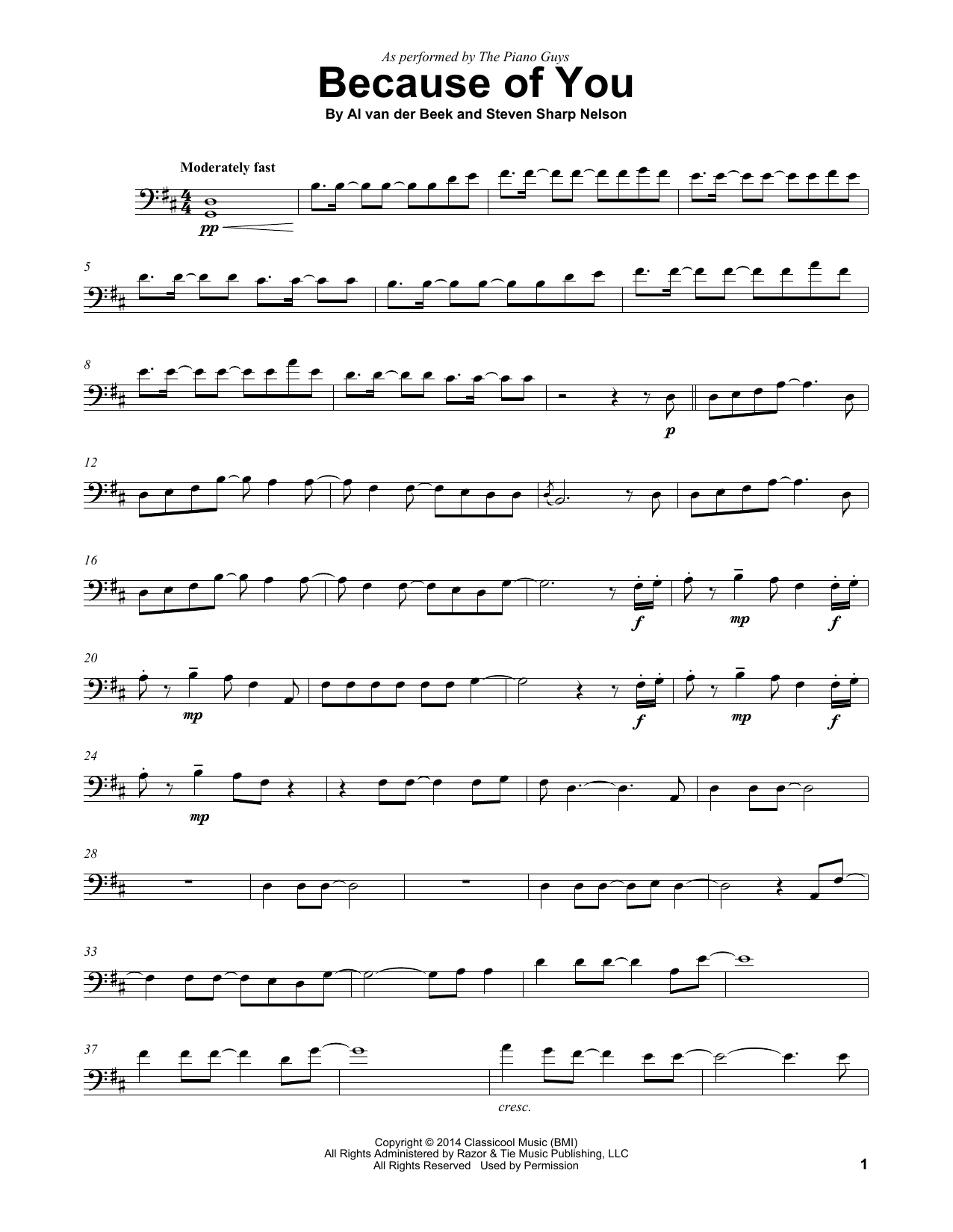 Preview The Piano Guys Because Of You Classical sheet music, notes and chords for Cello, SKU: 196587 sheet music, piano notes, chords, guitar tabs, score, transpose, transcribe, how to play, guide, download, learn, tutorial, progression, song, artist, awards, billboard, mtv, vh1, tour, single, album, release