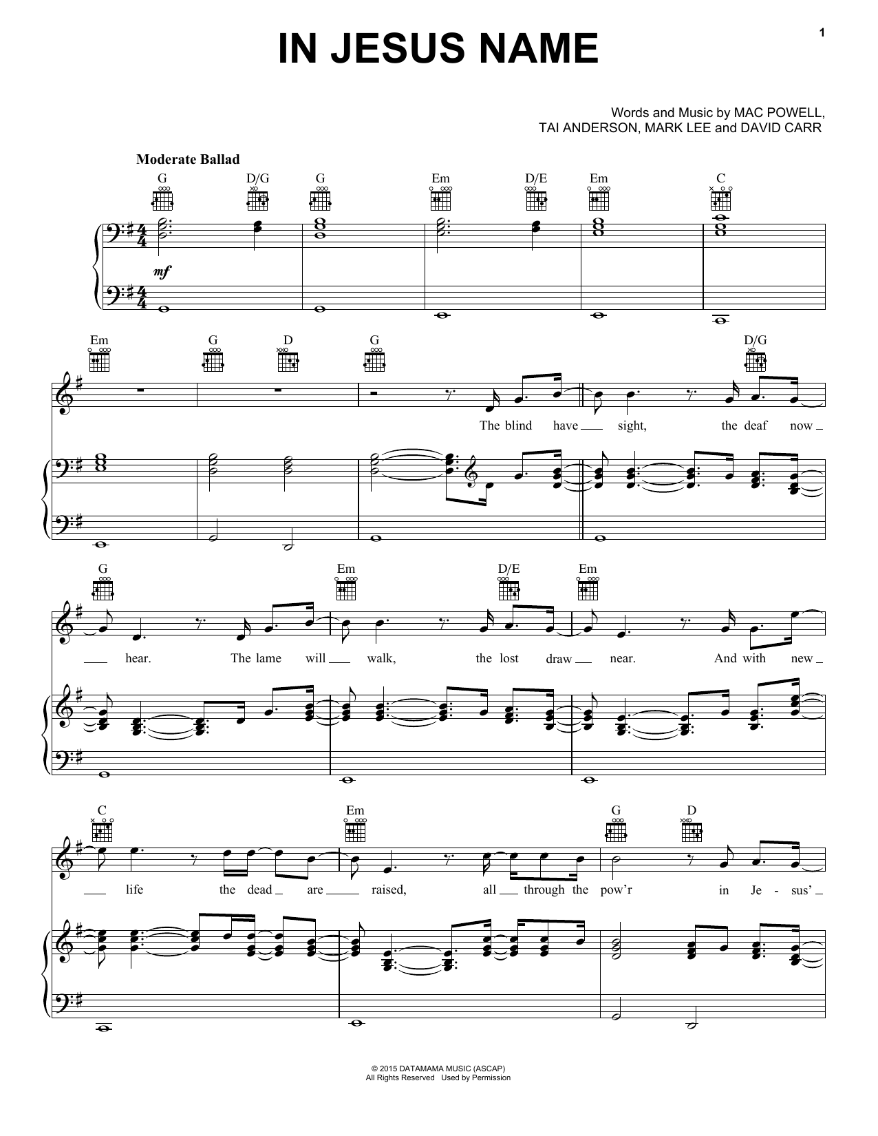 Preview Third Day In Jesus Name Pop sheet music, notes and chords for Piano, Vocal & Guitar (Right-Hand Melody), SKU: 196592 sheet music, piano notes, chords, guitar tabs, score, transpose, transcribe, how to play, guide, download, learn, tutorial, progression, song, artist, awards, billboard, mtv, vh1, tour, single, album, release