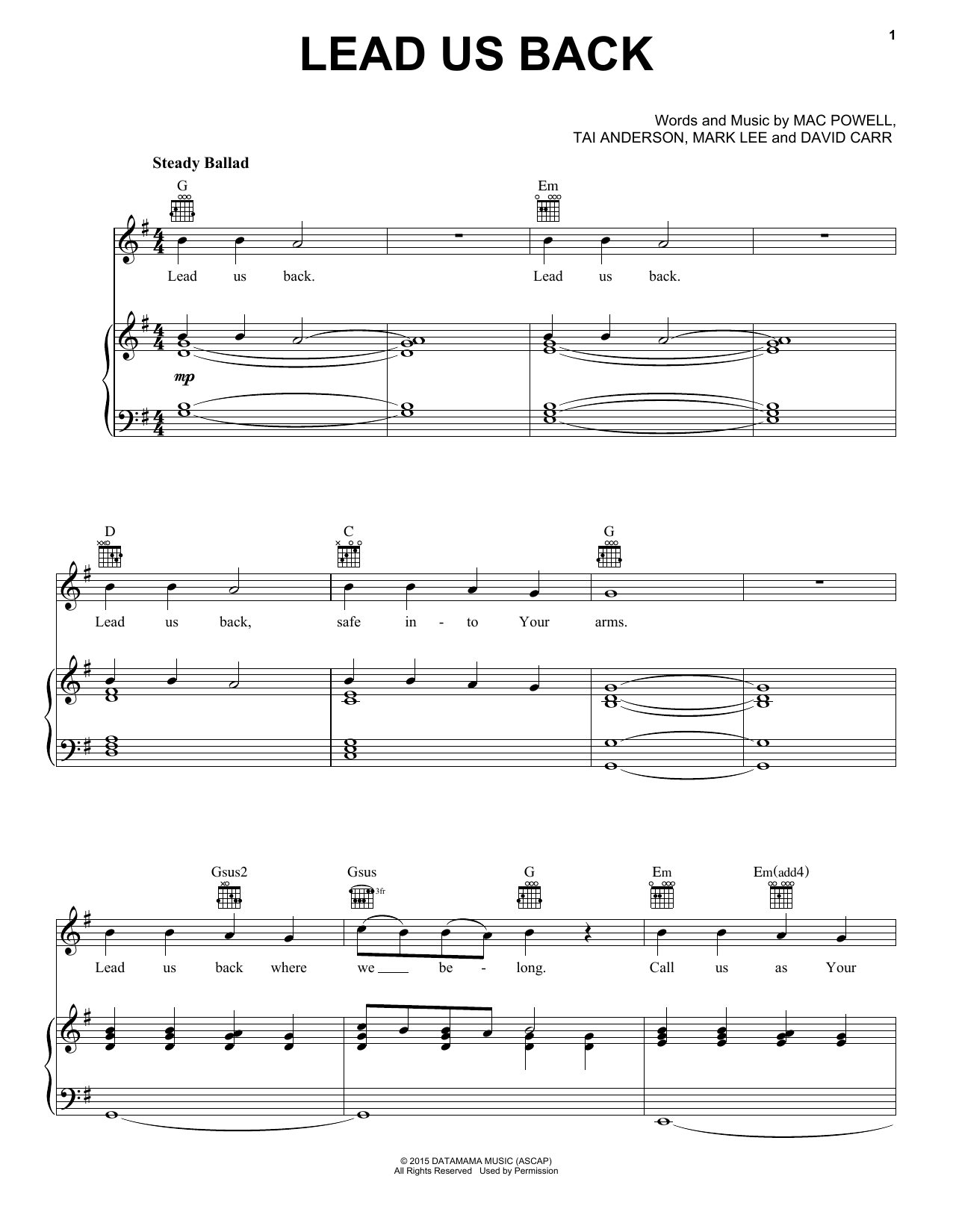 Preview Third Day Lead Us Back Pop sheet music, notes and chords for Piano, Vocal & Guitar (Right-Hand Melody), SKU: 196593 sheet music, piano notes, chords, guitar tabs, score, transpose, transcribe, how to play, guide, download, learn, tutorial, progression, song, artist, awards, billboard, mtv, vh1, tour, single, album, release