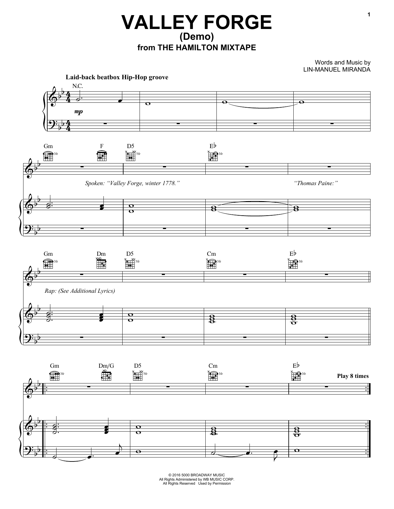 Preview Lin-Manuel Miranda Valley Forge (Demo) Broadway sheet music, notes and chords for Piano, Vocal & Guitar (Right-Hand Melody), SKU: 196911 sheet music, piano notes, chords, guitar tabs, score, transpose, transcribe, how to play, guide, download, learn, tutorial, progression, song, artist, awards, billboard, mtv, vh1, tour, single, album, release