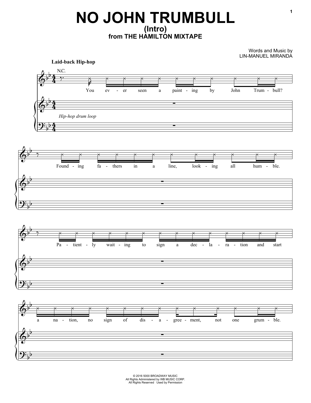 Preview The Roots No John Trumbull (Intro) Broadway sheet music, notes and chords for Piano, Vocal & Guitar (Right-Hand Melody), SKU: 196914 sheet music, piano notes, chords, guitar tabs, score, transpose, transcribe, how to play, guide, download, learn, tutorial, progression, song, artist, awards, billboard, mtv, vh1, tour, single, album, release