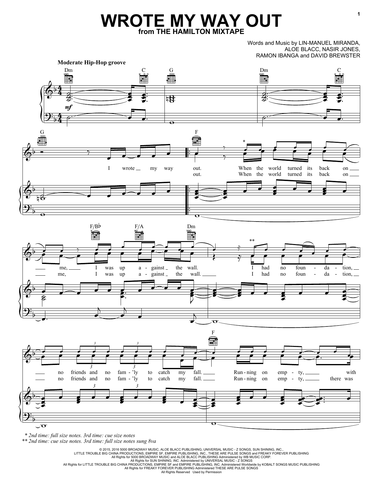 Preview Nas, Dave East, Lin-Manuel Miranda, Aloe Blacc Wrote My Way Out Broadway sheet music, notes and chords for Piano, Vocal & Guitar (Right-Hand Melody), SKU: 196918 sheet music, piano notes, chords, guitar tabs, score, transpose, transcribe, how to play, guide, download, learn, tutorial, progression, song, artist, awards, billboard, mtv, vh1, tour, single, album, release