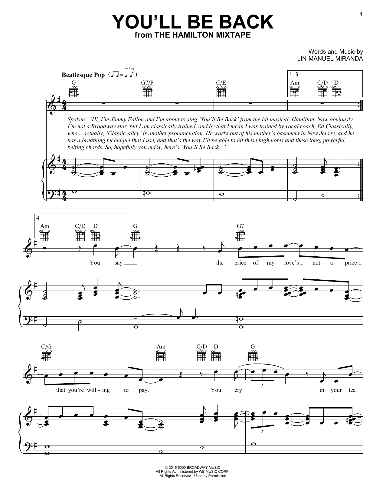 Preview Jimmy Fallon & The Roots You'll Be Back Broadway sheet music, notes and chords for Piano, Vocal & Guitar (Right-Hand Melody), SKU: 196919 sheet music, piano notes, chords, guitar tabs, score, transpose, transcribe, how to play, guide, download, learn, tutorial, progression, song, artist, awards, billboard, mtv, vh1, tour, single, album, release