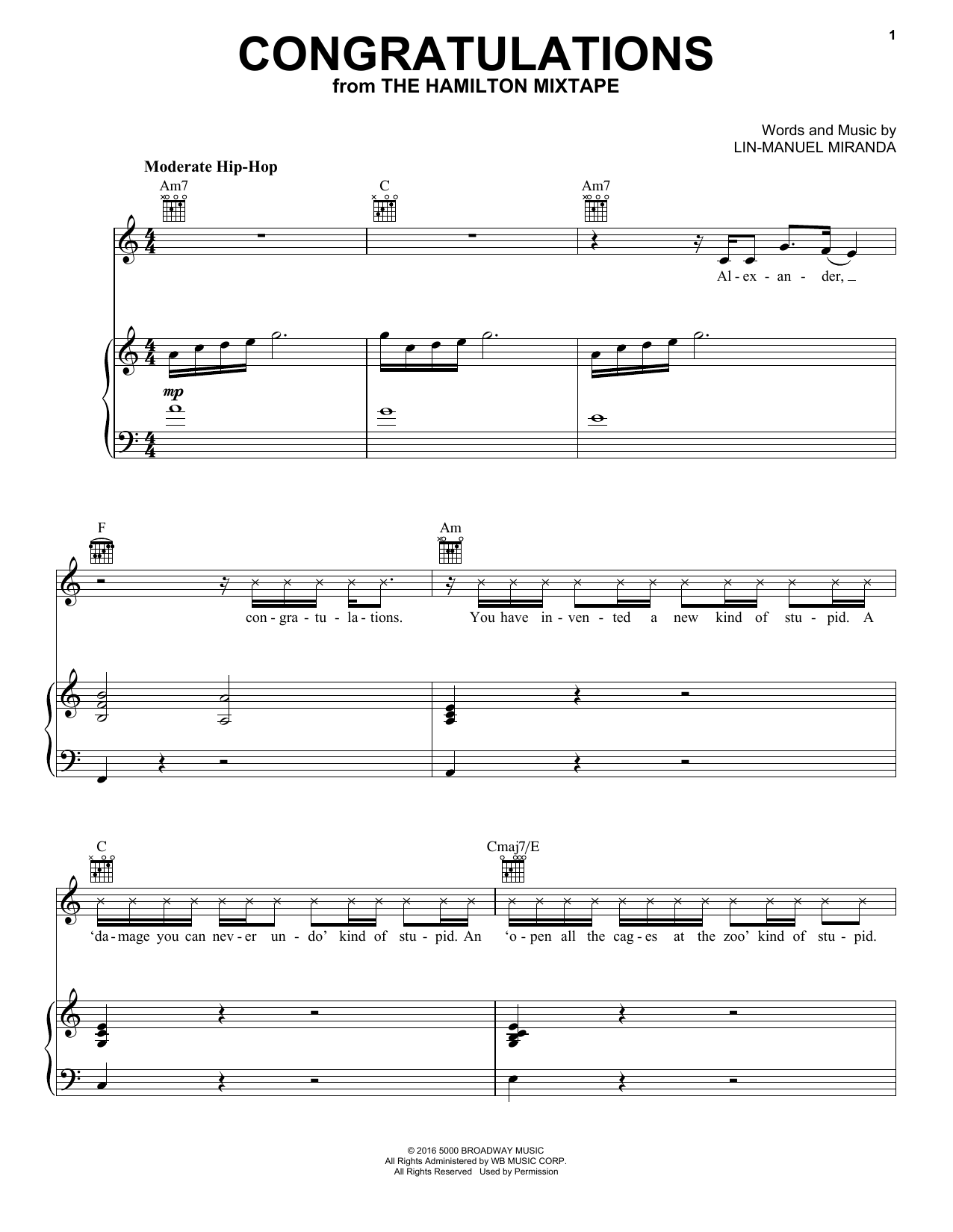Preview Dessa Congratulations Broadway sheet music, notes and chords for Piano, Vocal & Guitar (Right-Hand Melody), SKU: 196920 sheet music, piano notes, chords, guitar tabs, score, transpose, transcribe, how to play, guide, download, learn, tutorial, progression, song, artist, awards, billboard, mtv, vh1, tour, single, album, release