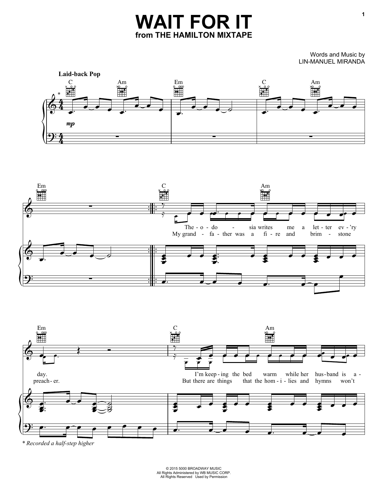 Preview Usher Wait For It Broadway sheet music, notes and chords for Piano, Vocal & Guitar (Right-Hand Melody), SKU: 196923 sheet music, piano notes, chords, guitar tabs, score, transpose, transcribe, how to play, guide, download, learn, tutorial, progression, song, artist, awards, billboard, mtv, vh1, tour, single, album, release