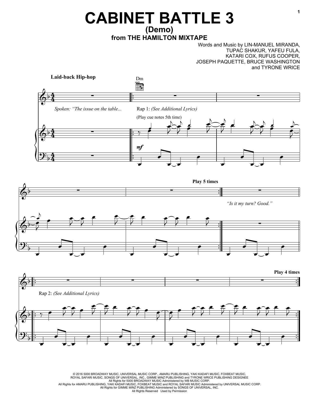 Preview Lin-Manuel Miranda Cabinet Battle 3 (Demo) Broadway sheet music, notes and chords for Piano, Vocal & Guitar (Right-Hand Melody), SKU: 196926 sheet music, piano notes, chords, guitar tabs, score, transpose, transcribe, how to play, guide, download, learn, tutorial, progression, song, artist, awards, billboard, mtv, vh1, tour, single, album, release