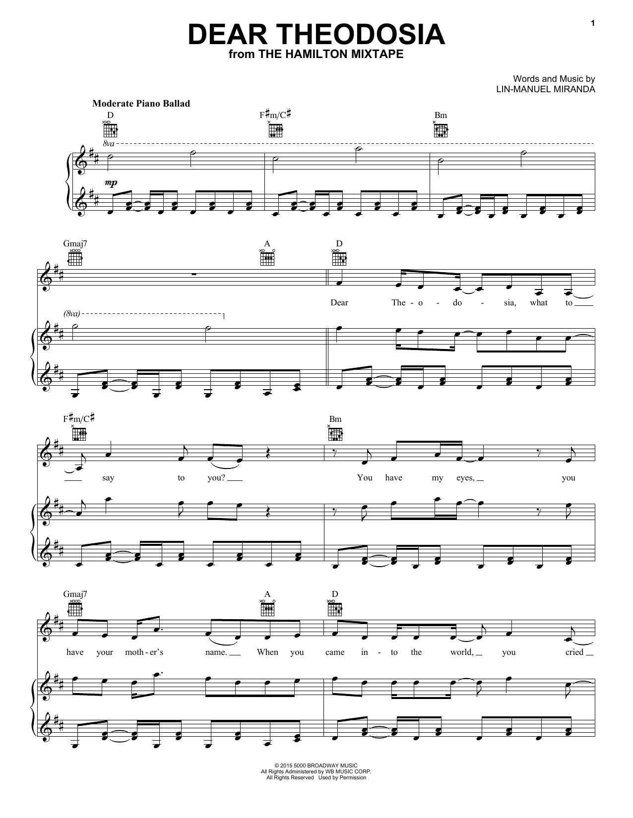 Preview Regina Spektor Dear Theodosia (feat. Ben Folds) Unclassified sheet music, notes and chords for Piano, Vocal & Guitar (Right-Hand Melody), SKU: 196927 sheet music, piano notes, chords, guitar tabs, score, transpose, transcribe, how to play, guide, download, learn, tutorial, progression, song, artist, awards, billboard, mtv, vh1, tour, single, album, release