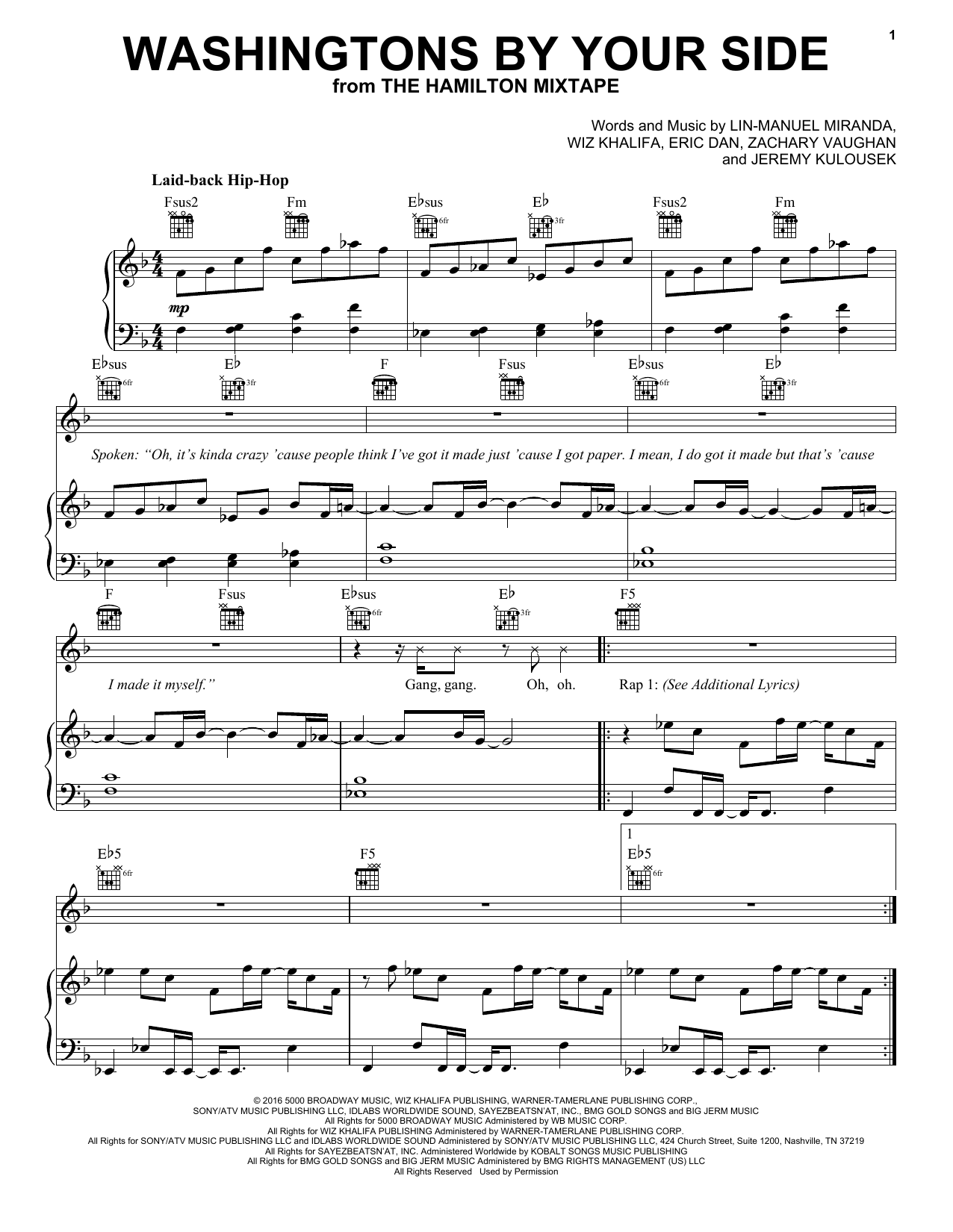 Preview Wiz Khalifa Washingtons By Your Side Broadway sheet music, notes and chords for Piano, Vocal & Guitar (Right-Hand Melody), SKU: 196928 sheet music, piano notes, chords, guitar tabs, score, transpose, transcribe, how to play, guide, download, learn, tutorial, progression, song, artist, awards, billboard, mtv, vh1, tour, single, album, release